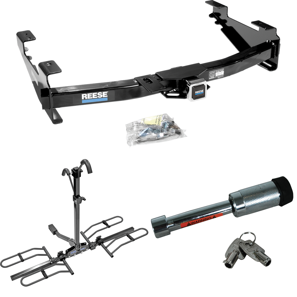 Fits 2001-2002 Chevrolet Silverado 2500 HD Trailer Hitch Tow PKG w/ 2 Bike Plaform Style Carrier Rack + Hitch Lock By Reese Towpower