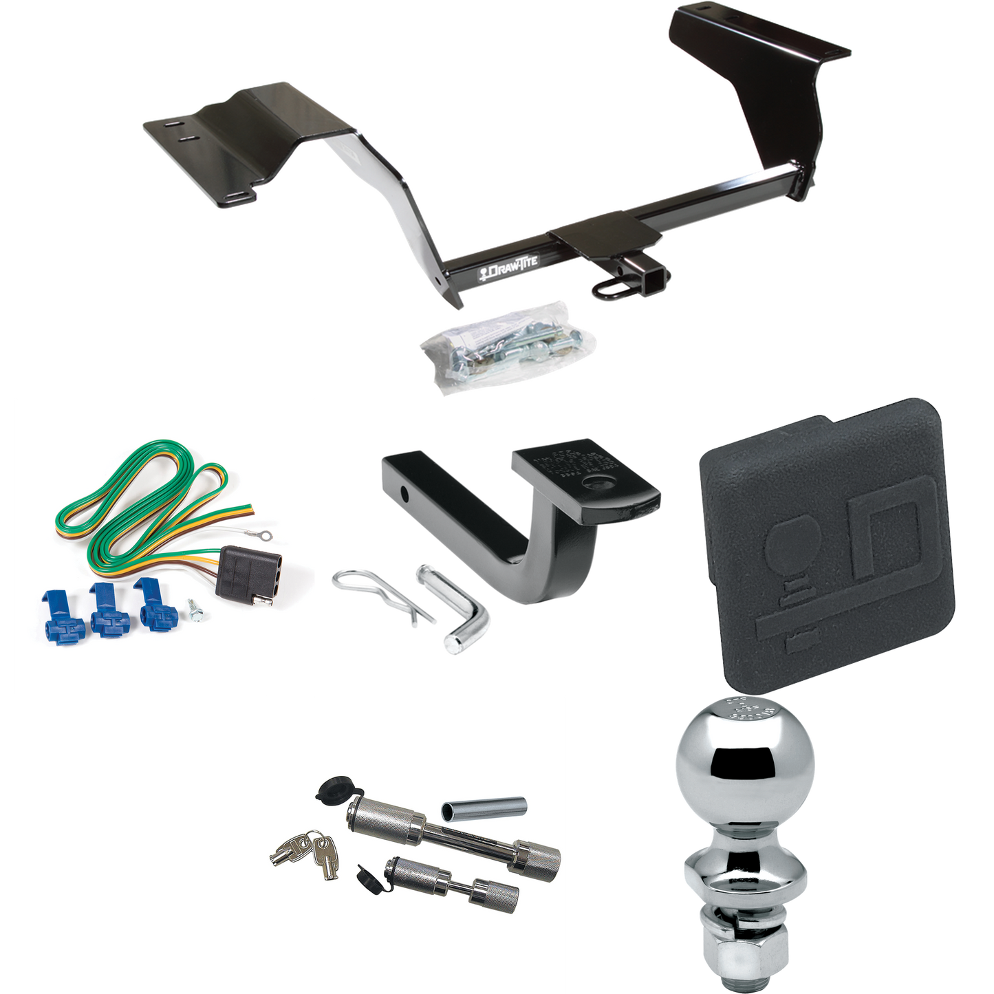 Se adapta al paquete de remolque con enganche para remolque Chevrolet HHR 2006-2011 con arnés de cableado de 4 planos + barra de tracción + bola de 2" + cubierta de enganche + enganche doble y cerraduras de acoplador de Draw-Tite