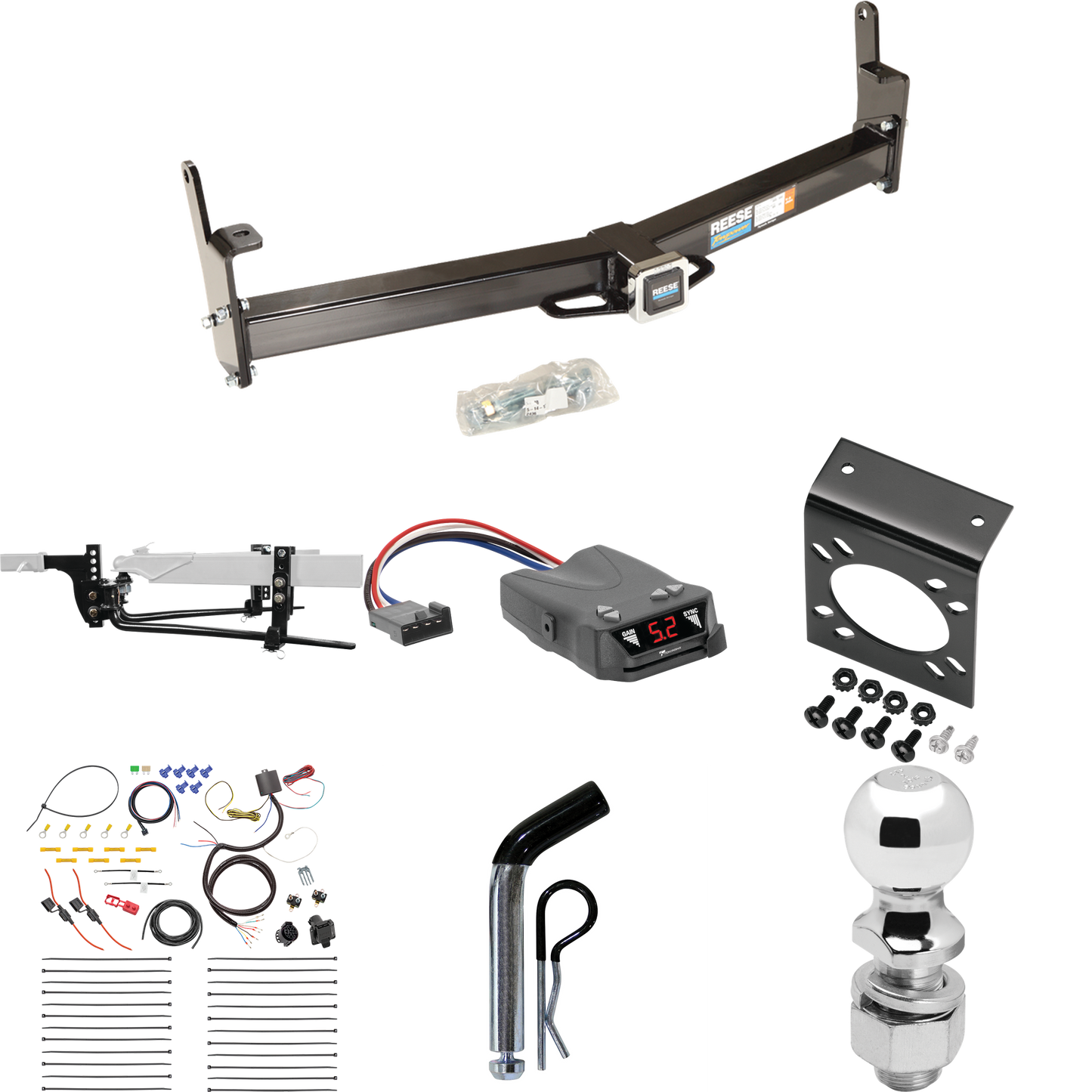 Fits 1995-2001 Ford Explorer Trailer Hitch Tow PKG w/ 6K Round Bar Weight Distribution Hitch w/ 2-5/16" Ball + 2" Ball + Pin/Clip + Tekonsha Brakeman IV Brake Control + 7-Way RV Wiring By Reese Towpower