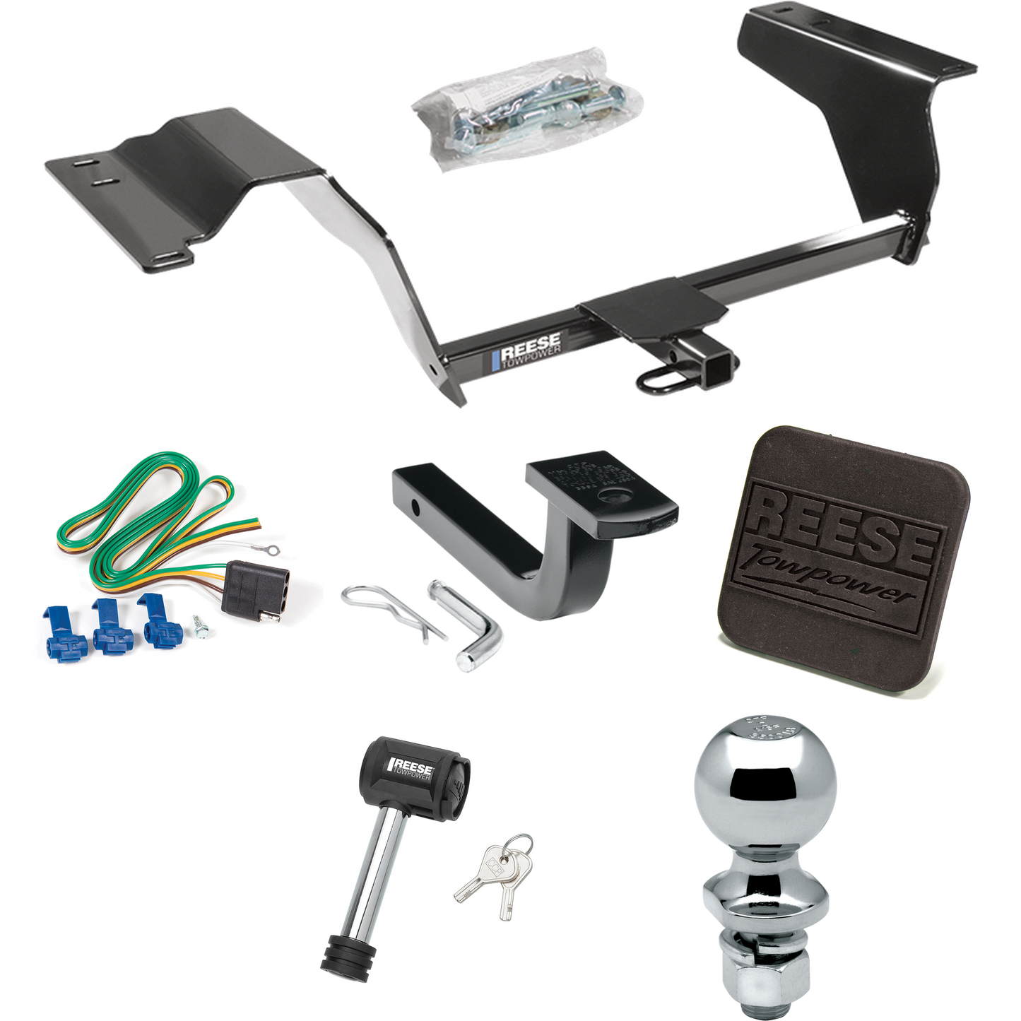 Se adapta al paquete de remolque con enganche para remolque Chevrolet Cobalt Sport 2008-2008 con arnés de cableado de 4 planos + barra de tracción + bola de 2" + cubierta de enganche + bloqueo de enganche (para modelos sedán) de Reese Towpower