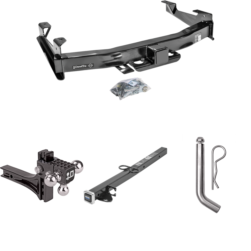 Fits 2007-2010 GMC Sierra 2500 HD Trailer Hitch Tow PKG w/ 2-1/2" to 2" Adapter 24" Length + Adjustable Drop Rise Triple Ball Ball Mount 1-7/8" & 2" & 2-5/16" Trailer Balls + Pin/Clip By Draw-Tite