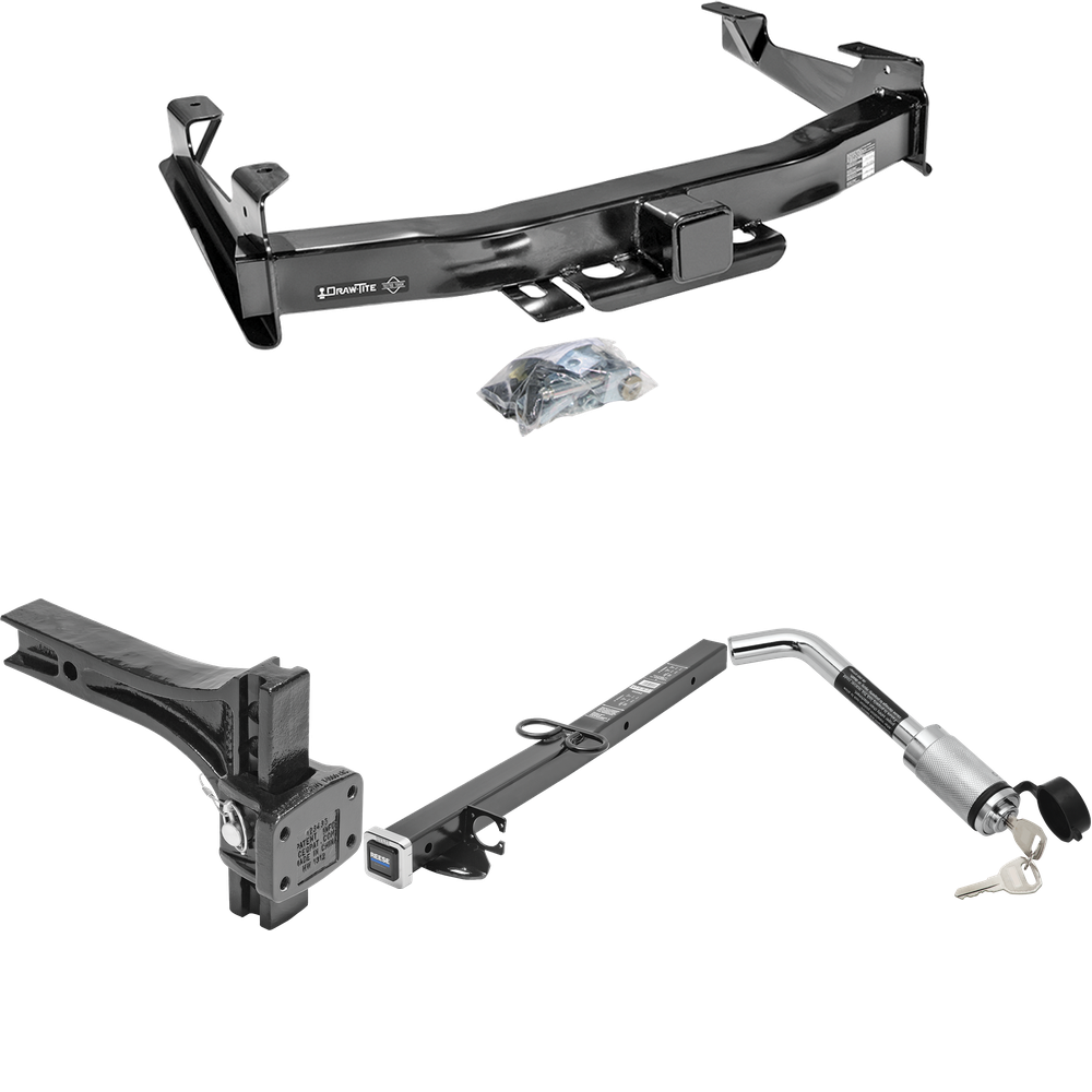 Fits 2007-2010 GMC Sierra 2500 HD Trailer Hitch Tow PKG w/ 2-1/2" to 2" Adapter 24" Length + Adjustable Pintle Hook Mounting Plate + Hitch Lock By Draw-Tite