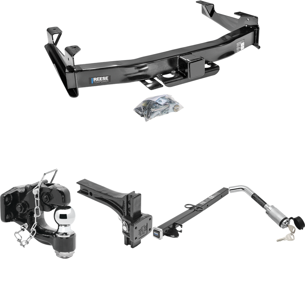 Fits 2001-2002 GMC Sierra 2500 HD Trailer Hitch Tow PKG w/ 2-1/2" to 2" Adapter 24" Length + Adjustable Pintle Hook Mounting Plate + Pintle Hook & 2" Ball Combination + Hitch Lock By Reese Towpower