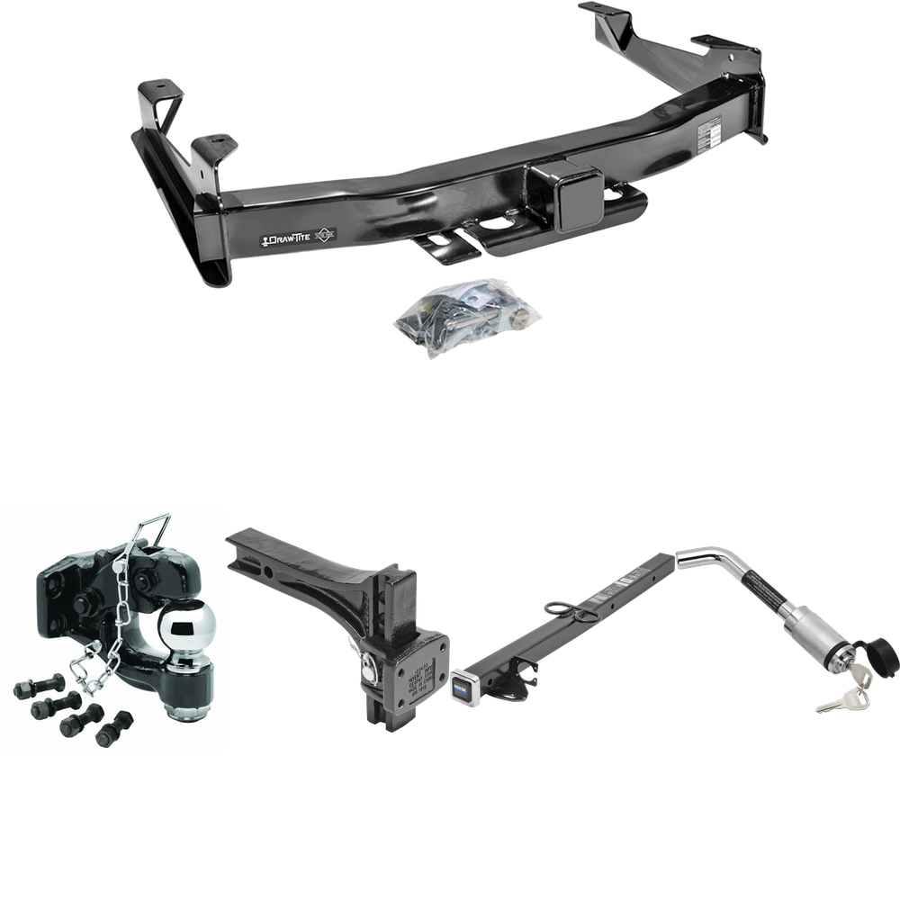 Fits 2003-2007 GMC Sierra 2500 HD Trailer Hitch Tow PKG w/ 2-1/2" to 2" Adapter 24" Length + Adjustable Pintle Hook Mounting Plate + Pintle Hook & 2-5/16" Ball Combination + Hitch Lock (For (Classic) Models) By Draw-Tite