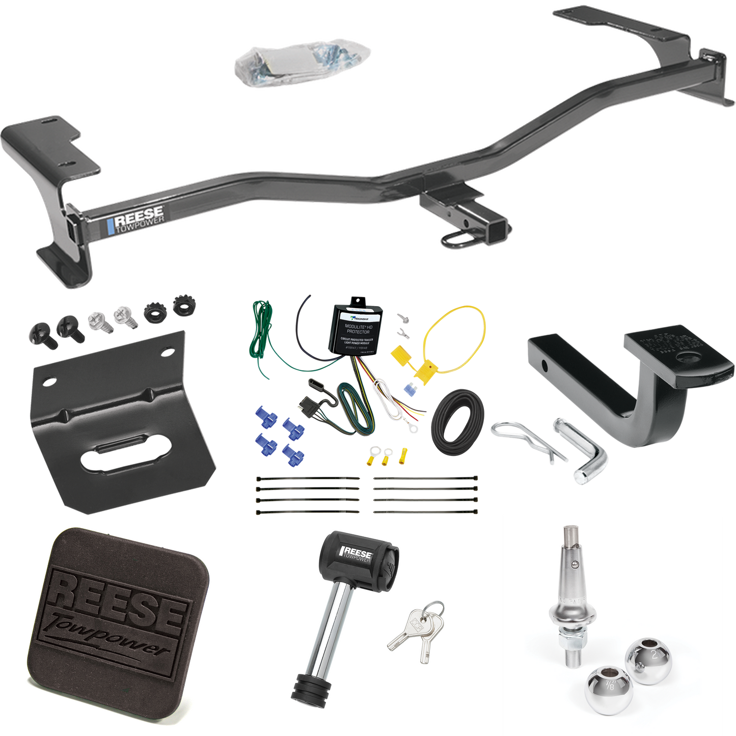 Se adapta al paquete de enganche de remolque Lincoln MKZ 2010-2012 con arnés de cableado de 4 planos + barra de tracción + bolas intercambiables de 1-7/8" y 2" + soporte de cableado + cubierta de enganche + bloqueo de enganche de Reese Towpower