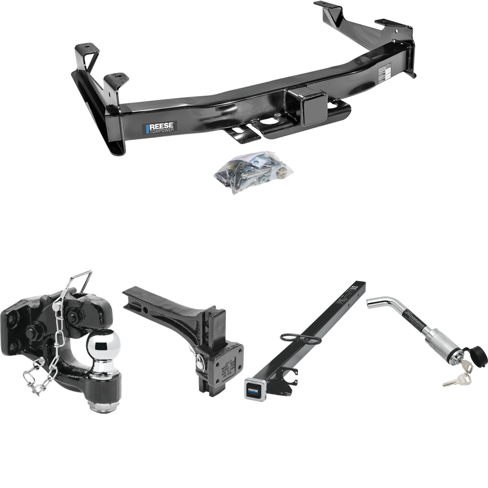 Fits 2007-2010 Chevrolet Silverado 3500 HD Trailer Hitch Tow PKG w/ 2-1/2" to 2" Adapter 41" Length + Adjustable Pintle Hook Mounting Plate + Pintle Hook & 2" Ball Combination + Hitch Lock By Reese Towpower