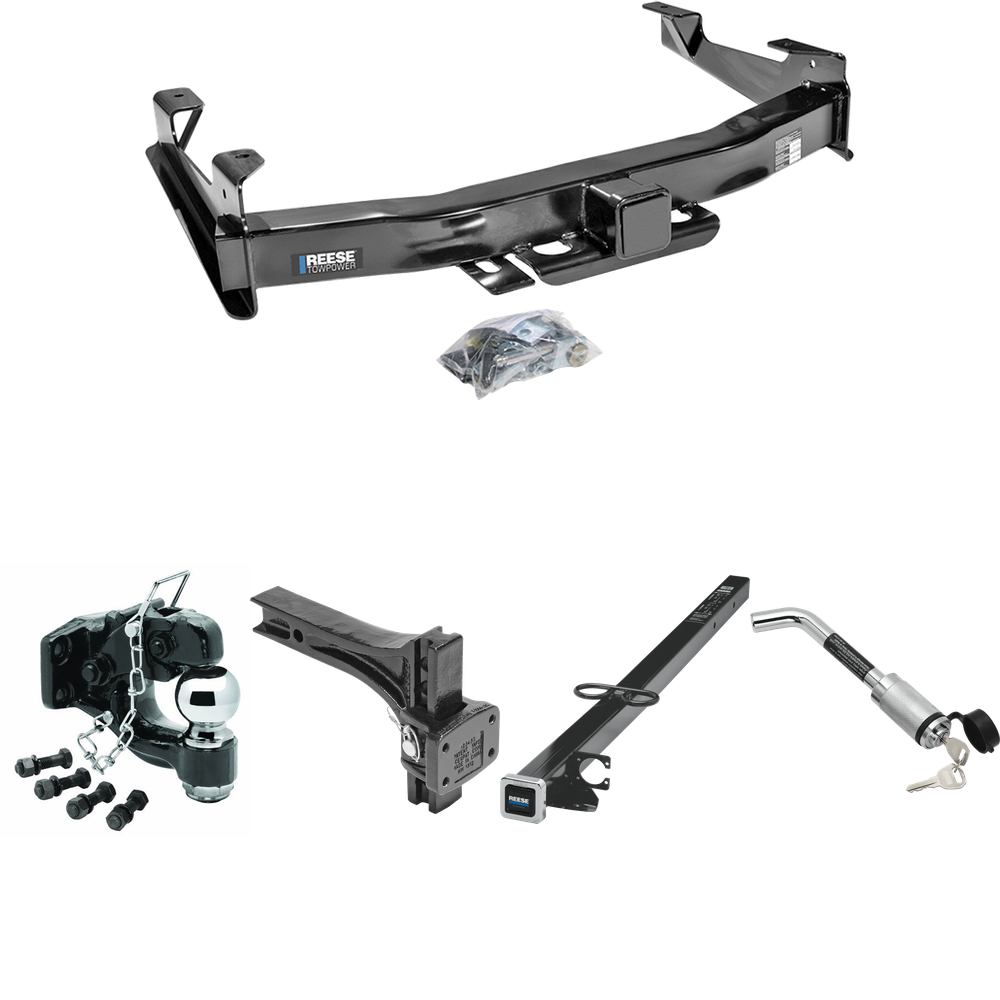 Fits 2001-2002 Chevrolet Silverado 2500 HD Trailer Hitch Tow PKG w/ 2-1/2" to 2" Adapter 41" Length + Adjustable Pintle Hook Mounting Plate + Pintle Hook & 2-5/16" Ball Combination + Hitch Lock By Reese Towpower