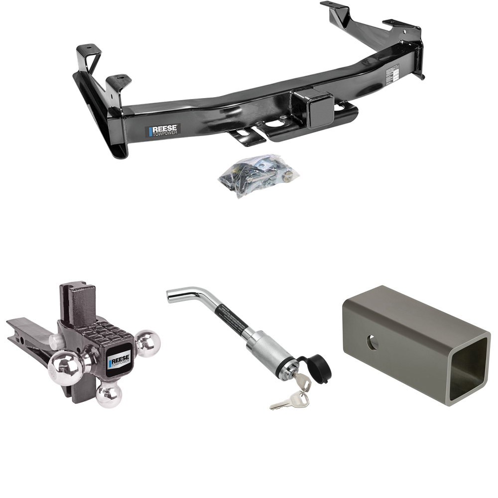 Fits 2001-2002 GMC Sierra 2500 HD Trailer Hitch Tow PKG w/ 2-1/2" to 2" Adapter 6" Length + Adjustable Drop Rise Triple Ball Ball Mount 1-7/8" & 2" & 2-5/16" Trailer Balls + Hitch Lock By Reese Towpower