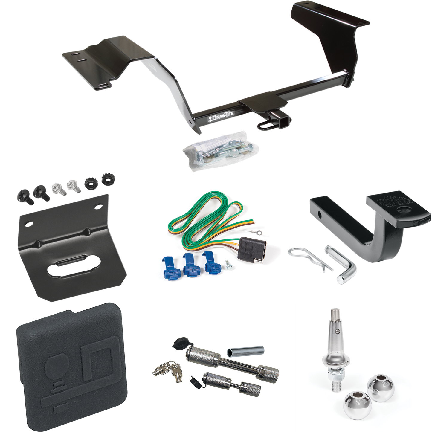 Fits 2006-2011 Chevrolet HHR Trailer Hitch Tow PKG w/ 4-Flat Wiring Harness + Draw-Bar + Interchangeable 1-7/8" & 2" Balls + Wiring Bracket + Hitch Cover + Dual Hitch & Coupler Locks By Draw-Tite