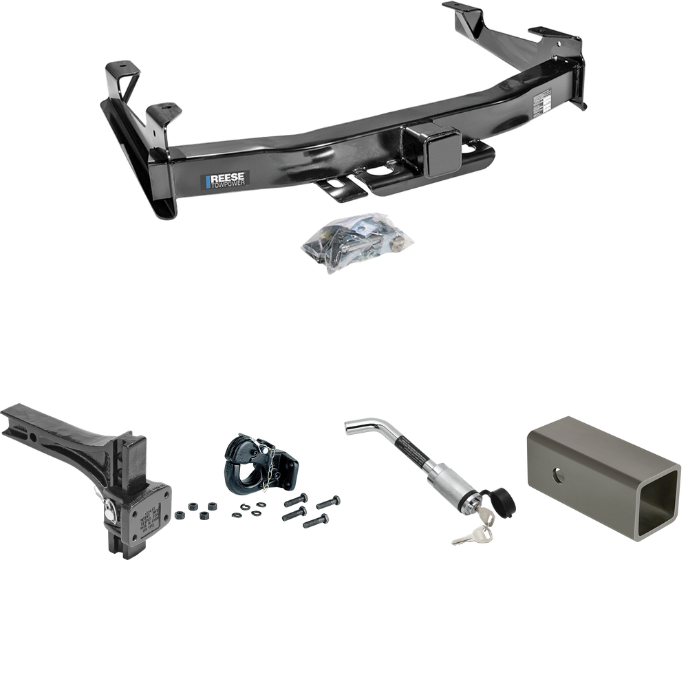 Fits 2001-2002 Chevrolet Silverado 2500 HD Trailer Hitch Tow PKG w/ 2-1/2" to 2" Adapter 6" Length + Adjustable Pintle Hook Mounting Plate + 20K Pintle Hook + Hitch Lock By Reese Towpower