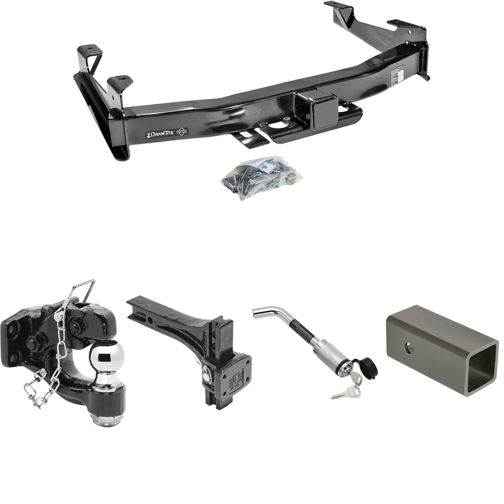 Fits 2001-2002 Chevrolet Silverado 3500 Trailer Hitch Tow PKG w/ 2-1/2" to 2" Adapter 6" Length + Adjustable Pintle Hook Mounting Plate + Pintle Hook & 2" Ball Combination + Hitch Lock By Draw-Tite