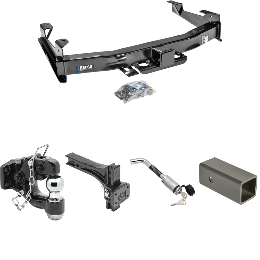 Fits 2001-2002 Chevrolet Silverado 2500 HD Trailer Hitch Tow PKG w/ 2-1/2" to 2" Adapter 6" Length + Adjustable Pintle Hook Mounting Plate + Pintle Hook & 2" Ball Combination + Hitch Lock By Reese Towpower