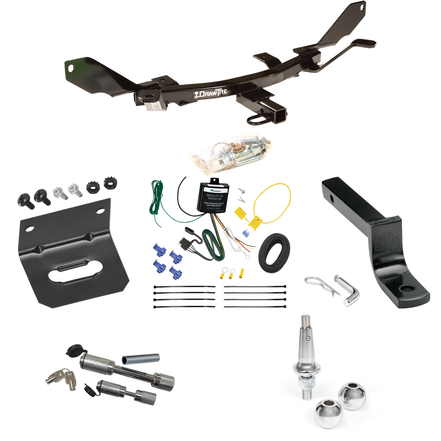 Se adapta al paquete de remolque con enganche para remolque Mercury Milan 2006-2009 con arnés de cableado de 4 planos + barra de tracción + bolas intercambiables de 1-7/8" y 2" + soporte de cableado + enganche doble y cerraduras de acoplador de Draw-Tite