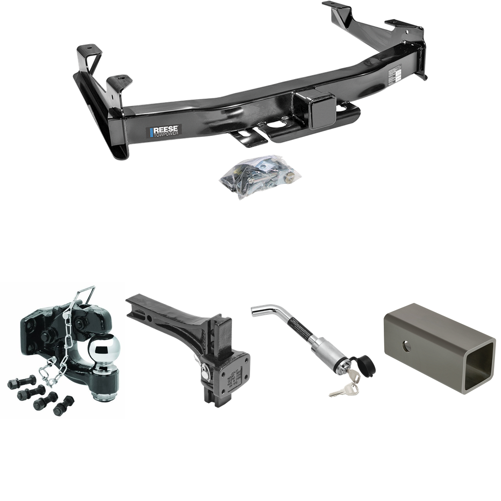 Fits 2007-2010 Chevrolet Silverado 2500 HD Trailer Hitch Tow PKG w/ 2-1/2" to 2" Adapter 6" Length + Adjustable Pintle Hook Mounting Plate + Pintle Hook & 2-5/16" Ball Combination + Hitch Lock By Reese Towpower