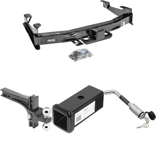 Fits 2001-2002 GMC Sierra 3500 Trailer Hitch Tow PKG w/ 2-1/2" to 2" Adapter 7" Length + Adjustable Drop Rise Dual Ball Ball Mount 2" & 2-5/16" Trailer Balls + Hitch Lock By Reese Towpower