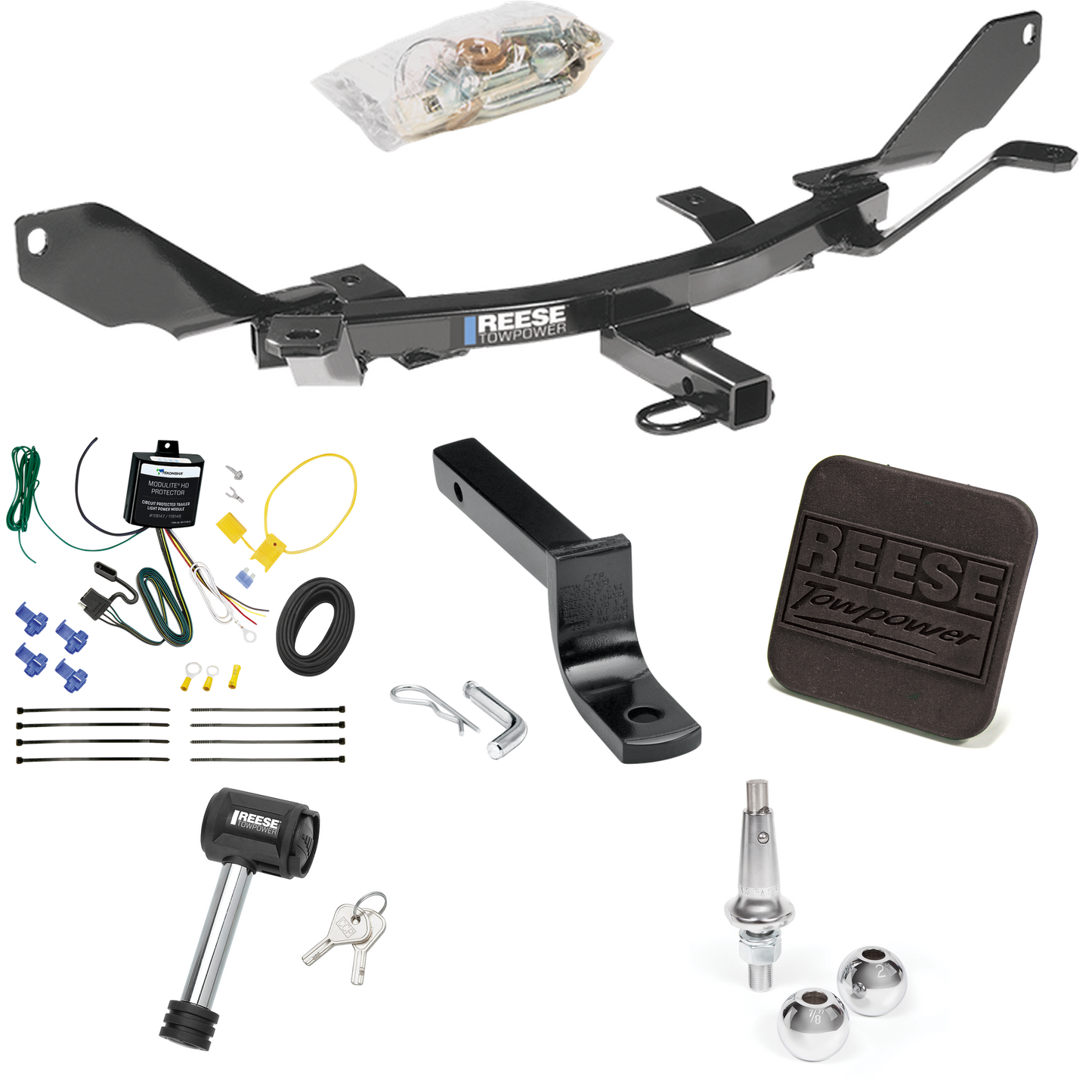 Se adapta al paquete de remolque con enganche para remolque Mercury Milan 2006-2009 con arnés de cableado de 4 planos + barra de tracción + bolas intercambiables de 1-7/8" y 2" + cubierta de enganche + bloqueo de enganche de Reese Towpower