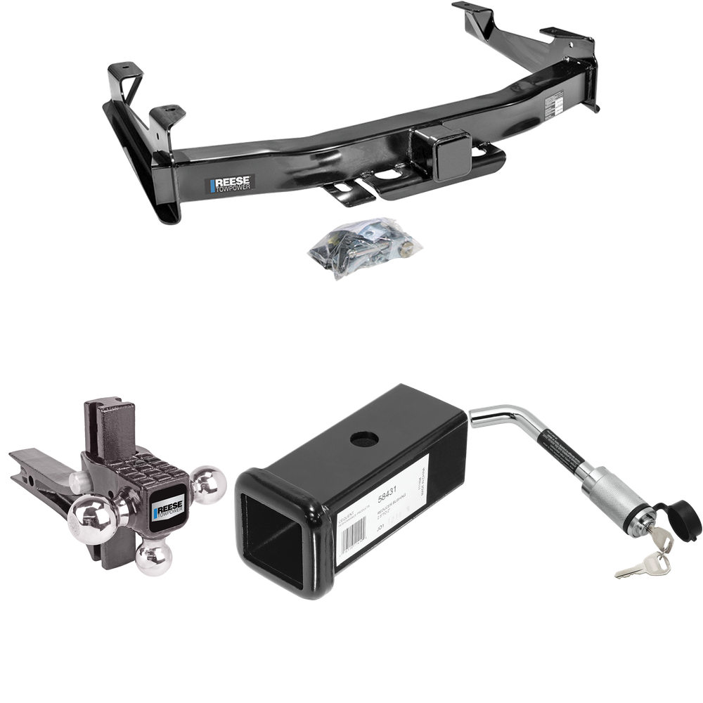 Fits 2007-2010 GMC Sierra 3500 HD Trailer Hitch Tow PKG w/ 2-1/2" to 2" Adapter 7" Length + Adjustable Drop Rise Triple Ball Ball Mount 1-7/8" & 2" & 2-5/16" Trailer Balls + Hitch Lock By Reese Towpower