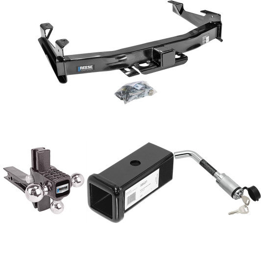 Fits 2007-2010 GMC Sierra 3500 HD Trailer Hitch Tow PKG w/ 2-1/2" to 2" Adapter 7" Length + Adjustable Drop Rise Triple Ball Ball Mount 1-7/8" & 2" & 2-5/16" Trailer Balls + Hitch Lock By Reese Towpower