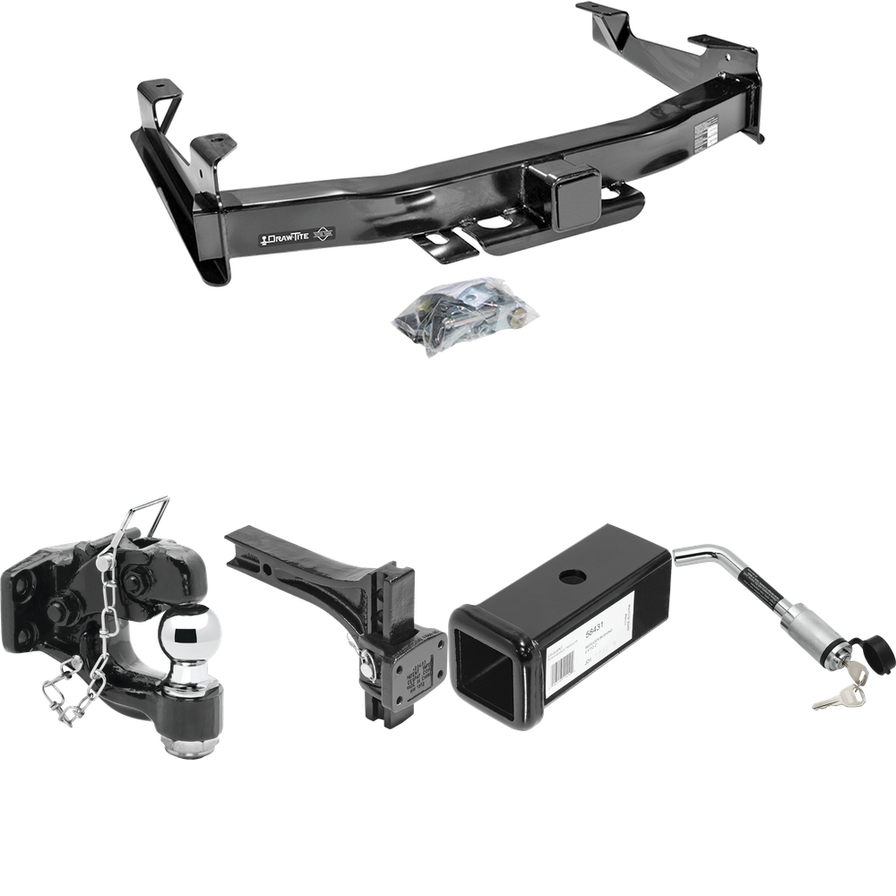 Fits 2003-2006 Chevrolet Silverado 3500 Trailer Hitch Tow PKG w/ 2-1/2" to 2" Adapter 7" Length + Adjustable Pintle Hook Mounting Plate + Pintle Hook & 2" Ball Combination + Hitch Lock (For (Classic) Models) By Draw-Tite