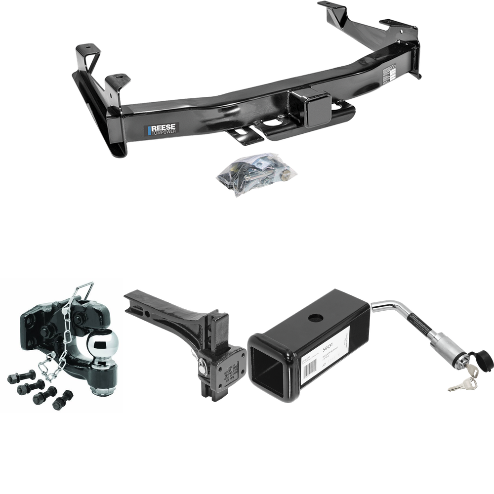 Fits 2001-2002 Chevrolet Silverado 2500 HD Trailer Hitch Tow PKG w/ 2-1/2" to 2" Adapter 7" Length + Adjustable Pintle Hook Mounting Plate + Pintle Hook & 2-5/16" Ball Combination + Hitch Lock By Reese Towpower