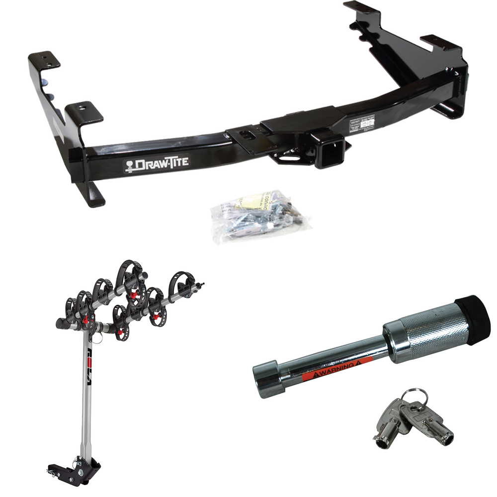 Fits 2001-2002 GMC Sierra 3500 Trailer Hitch Tow PKG w/ 4 Bike Carrier Rack + Hitch Lock By Draw-Tite