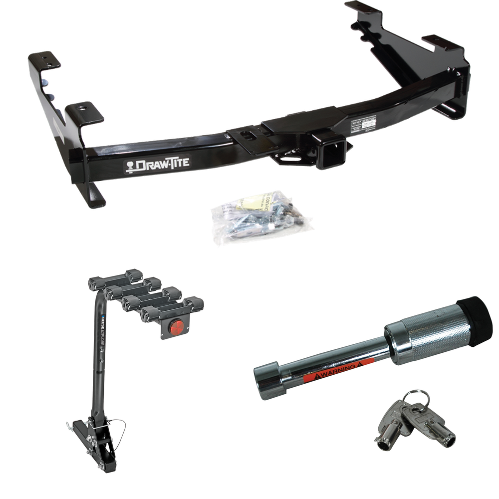 Fits 2003-2007 GMC Sierra 3500 Trailer Hitch Tow PKG w/ 4 Bike Carrier Rack + Hitch Lock (For (Classic) Models) By Draw-Tite