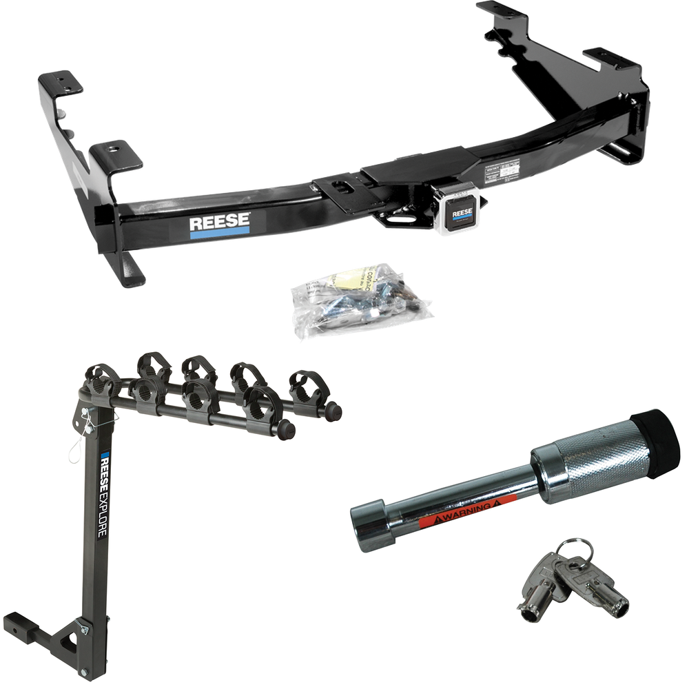 Fits 2003-2007 Chevrolet Silverado 3500 Trailer Hitch Tow PKG w/ 4 Bike Carrier Rack + Hitch Lock (For (Classic) Models) By Reese Towpower