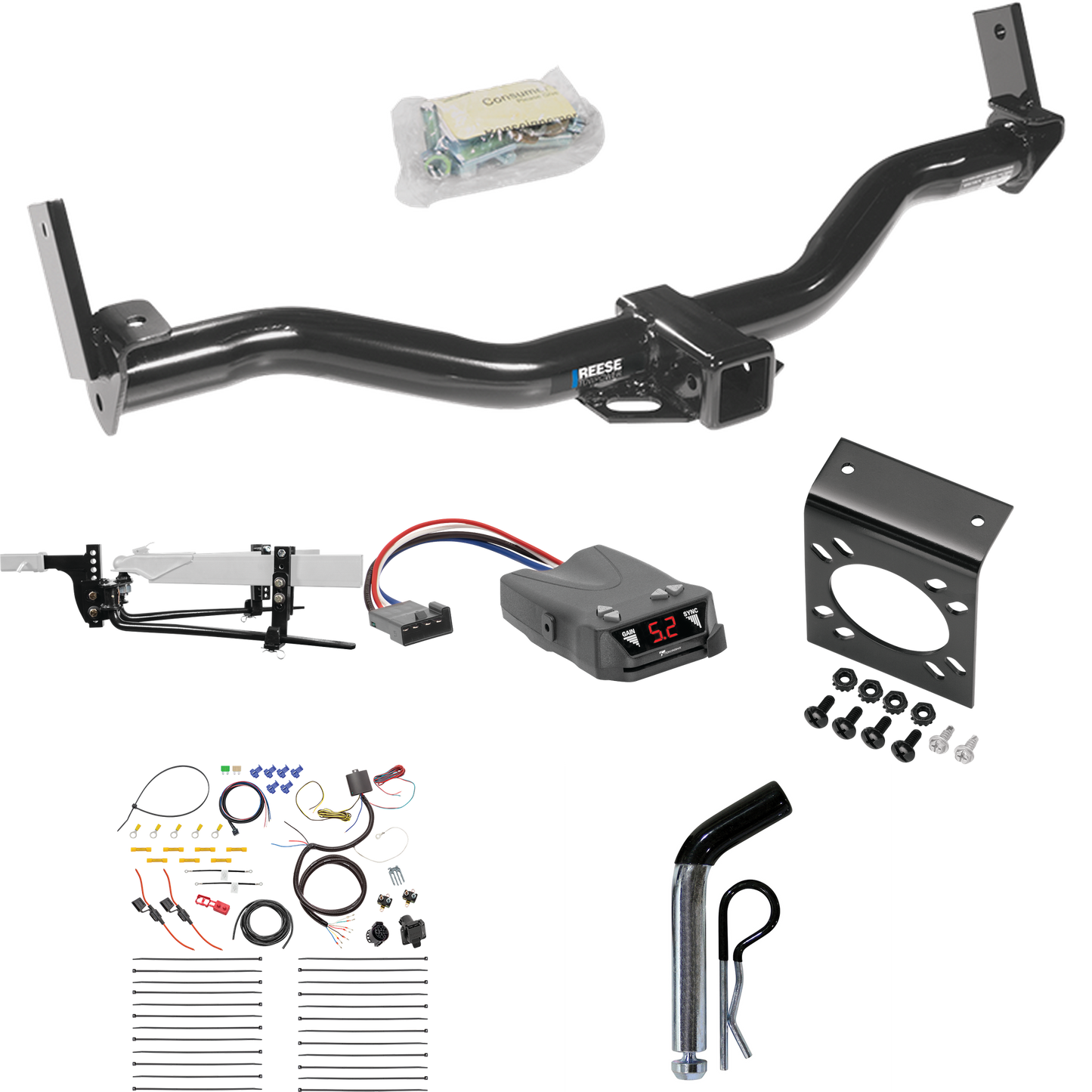 Fits 1997-2001 Mercury Mountaineer Trailer Hitch Tow PKG w/ 6K Round Bar Weight Distribution Hitch w/ 2-5/16" Ball + Pin/Clip + Tekonsha Brakeman IV Brake Control + 7-Way RV Wiring By Reese Towpower