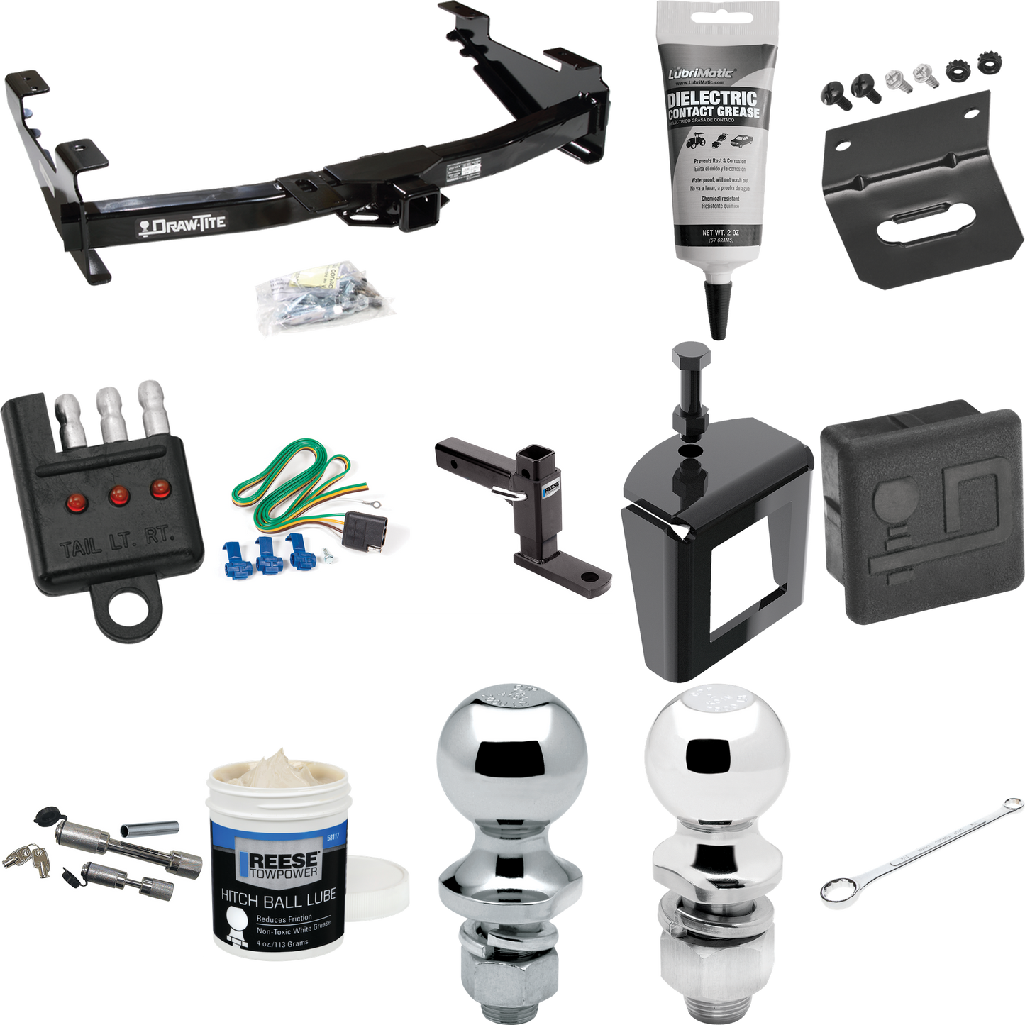 Fits 2003-2007 GMC Sierra 3500 Trailer Hitch Tow PKG w/ 4-Flat Wiring + Adjustable Drop Rise Ball Mount + 2" Ball + 1-7/8" Ball + Wiring Bracket + Hitch Cover + Dual Hitch & Coupler Locks + Wiring Tester + Ball Lube + Electric Grease + Ball Wrench +