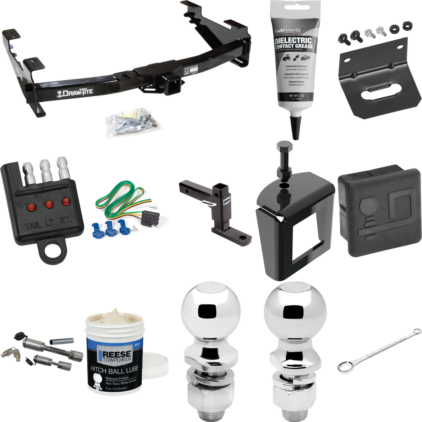 Fits 2001-2002 GMC Sierra 3500 Trailer Hitch Tow PKG w/ 4-Flat Wiring + Adjustable Drop Rise Ball Mount + 2" Ball + 2-5/16" Ball + Wiring Bracket + Hitch Cover + Dual Hitch & Coupler Locks + Wiring Tester + Ball Lube + Electric Grease + Ball Wrench +