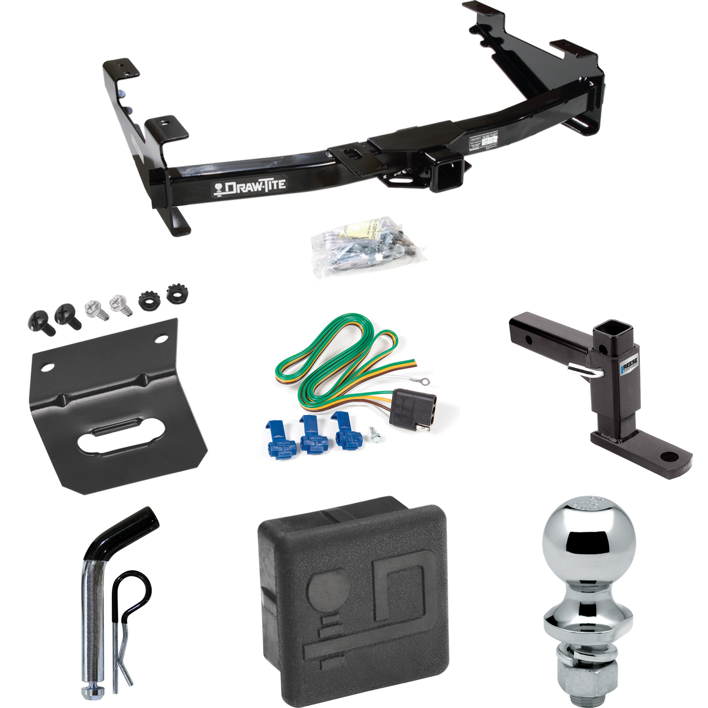 Fits 2003-2007 GMC Sierra 2500 HD Trailer Hitch Tow PKG w/ 4-Flat Wiring + Adjustable Drop Rise Ball Mount + Pin/Clip + 1-7/8" Ball + Wiring Bracket + Hitch Cover (For (Classic) Models) By Draw-Tite