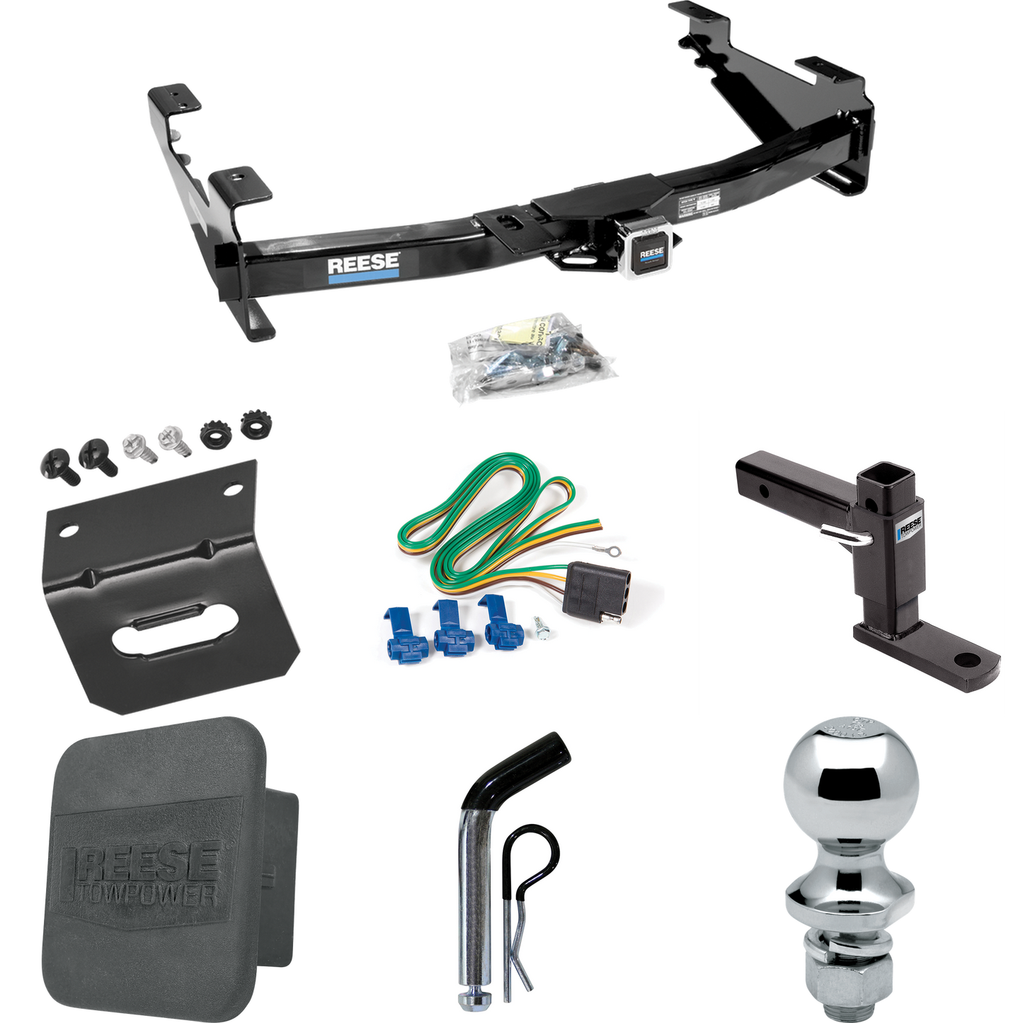 Fits 2003-2007 GMC Sierra 3500 Trailer Hitch Tow PKG w/ 4-Flat Wiring + Adjustable Drop Rise Ball Mount + Pin/Clip + 1-7/8" Ball + Wiring Bracket + Hitch Cover (For (Classic) Models) By Reese Towpower