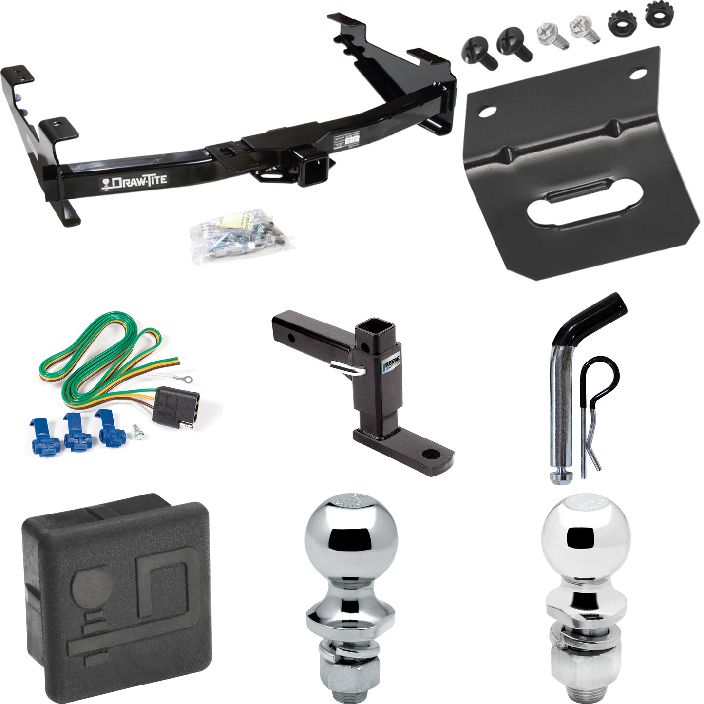 Fits 2003-2007 GMC Sierra 3500 Trailer Hitch Tow PKG w/ 4-Flat Wiring + Adjustable Drop Rise Ball Mount + Pin/Clip + 2" Ball + 1-7/8" Ball + Wiring Bracket + Hitch Cover (For (Classic) Models) By Draw-Tite