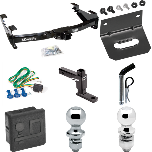 Fits 2003-2007 GMC Sierra 3500 Trailer Hitch Tow PKG w/ 4-Flat Wiring + Adjustable Drop Rise Ball Mount + Pin/Clip + 2" Ball + 1-7/8" Ball + Wiring Bracket + Hitch Cover (For (Classic) Models) By Draw-Tite