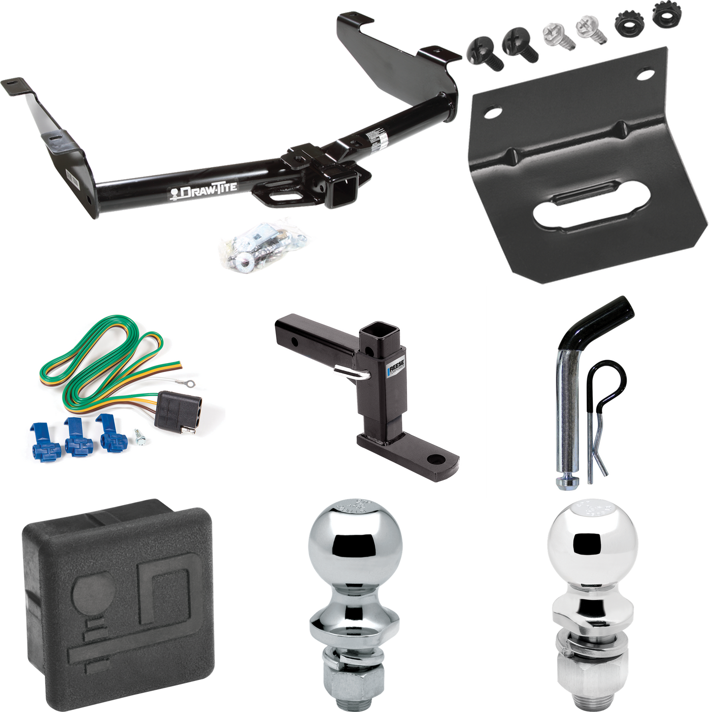 Fits 2001-2002 Chevrolet Silverado 3500 Trailer Hitch Tow PKG w/ 4-Flat Wiring + Adjustable Drop Rise Ball Mount + Pin/Clip + 2" Ball + 1-7/8" Ball + Wiring Bracket + Hitch Cover By Draw-Tite