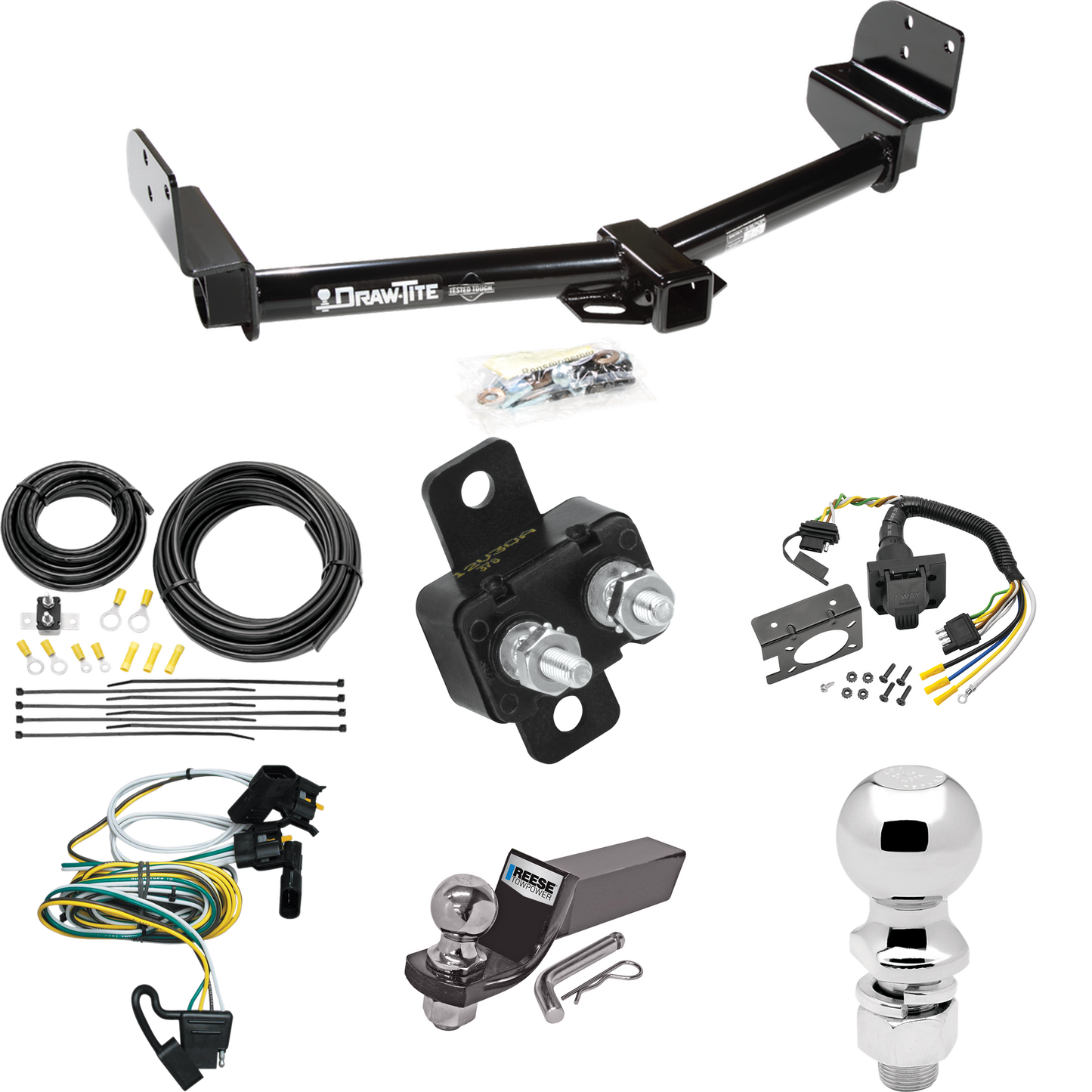 Se adapta al paquete de enganche de remolque Mercury Mountaineer 2002-2003 con cableado RV de 7 vías + bola de 2" y 2-5/16" + soporte de caída de Draw-Tite