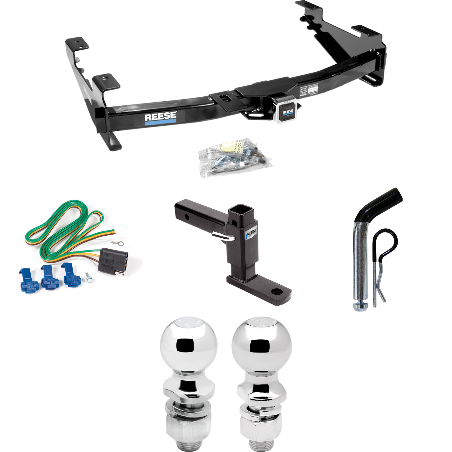 Fits 2003-2007 Chevrolet Silverado 2500 HD Trailer Hitch Tow PKG w/ 4-Flat Wiring + Adjustable Drop Rise Ball Mount + Pin/Clip + 2" Ball + 2-5/16" Ball (For (Classic) Models) By Reese Towpower