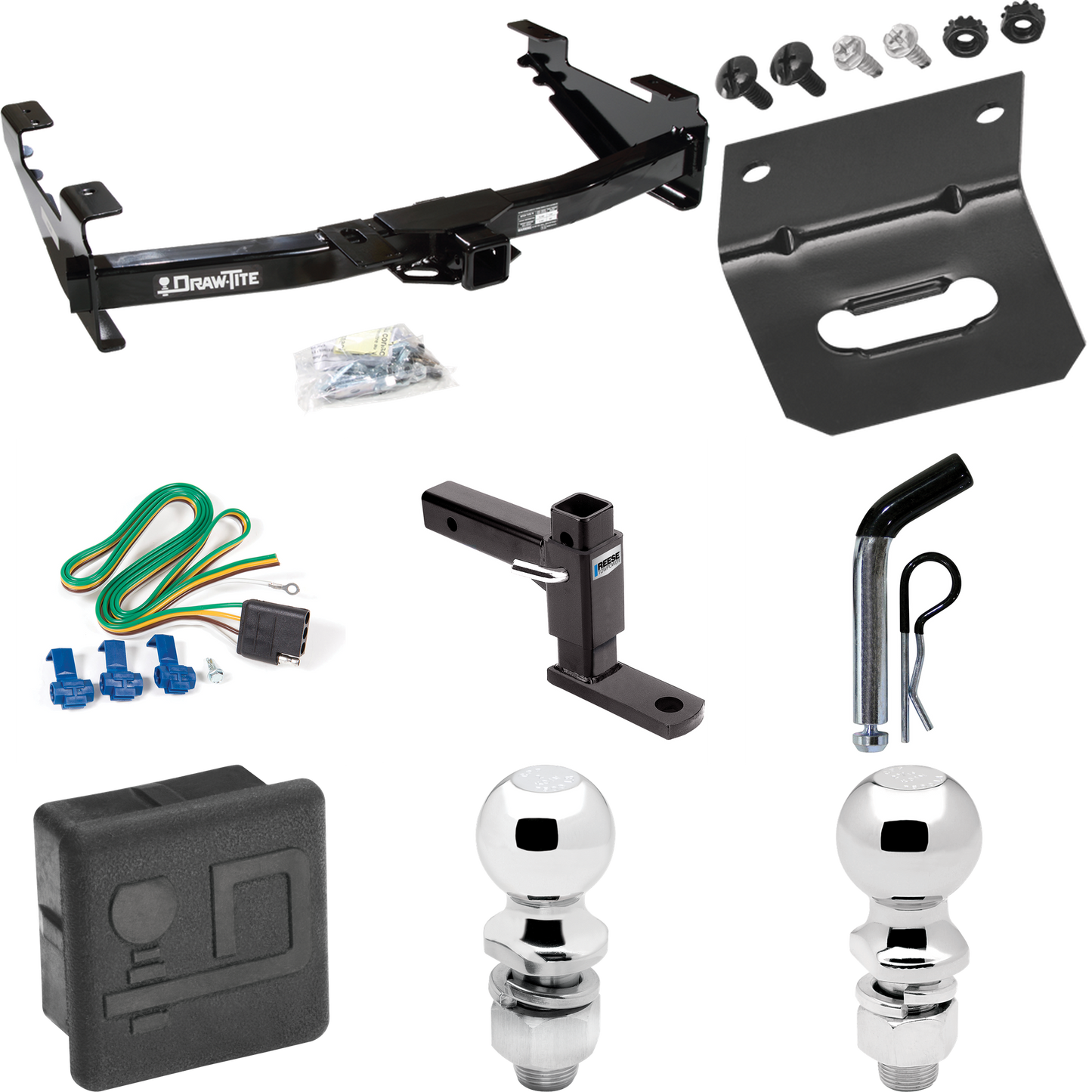 Fits 2003-2007 GMC Sierra 2500 HD Trailer Hitch Tow PKG w/ 4-Flat Wiring + Adjustable Drop Rise Ball Mount + Pin/Clip + 2" Ball + 2-5/16" Ball + Wiring Bracket + Hitch Cover (For (Classic) Models) By Draw-Tite