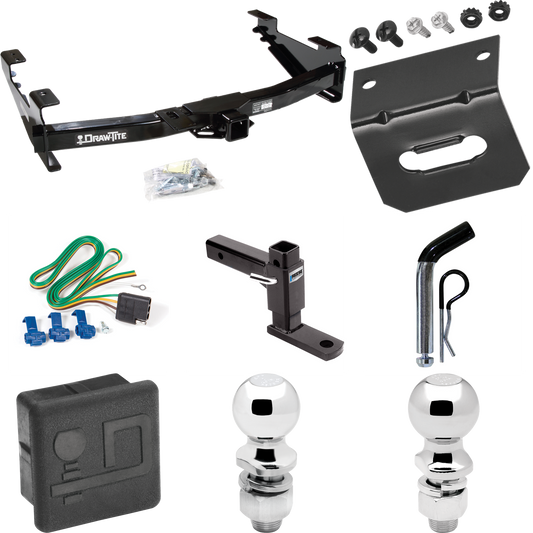 Fits 2003-2007 GMC Sierra 2500 HD Trailer Hitch Tow PKG w/ 4-Flat Wiring + Adjustable Drop Rise Ball Mount + Pin/Clip + 2" Ball + 2-5/16" Ball + Wiring Bracket + Hitch Cover (For (Classic) Models) By Draw-Tite