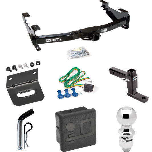 Fits 2001-2002 Chevrolet Silverado 2500 HD Trailer Hitch Tow PKG w/ 4-Flat Wiring + Adjustable Drop Rise Ball Mount + Pin/Clip + 2-5/16" Ball + Wiring Bracket + Hitch Cover By Draw-Tite