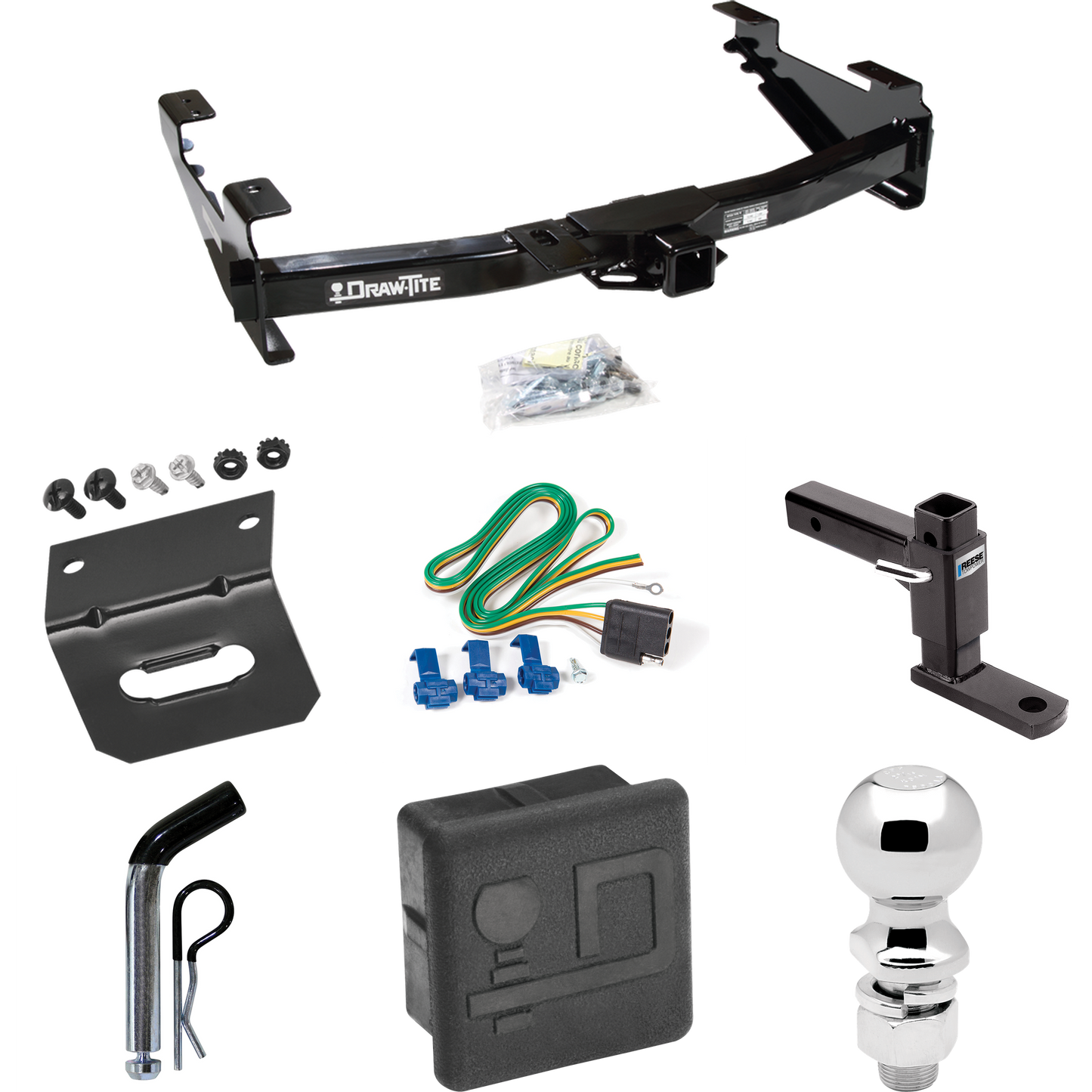 Fits 2003-2007 GMC Sierra 3500 Trailer Hitch Tow PKG w/ 4-Flat Wiring + Adjustable Drop Rise Ball Mount + Pin/Clip + 2-5/16" Ball + Wiring Bracket + Hitch Cover (For (Classic) Models) By Draw-Tite