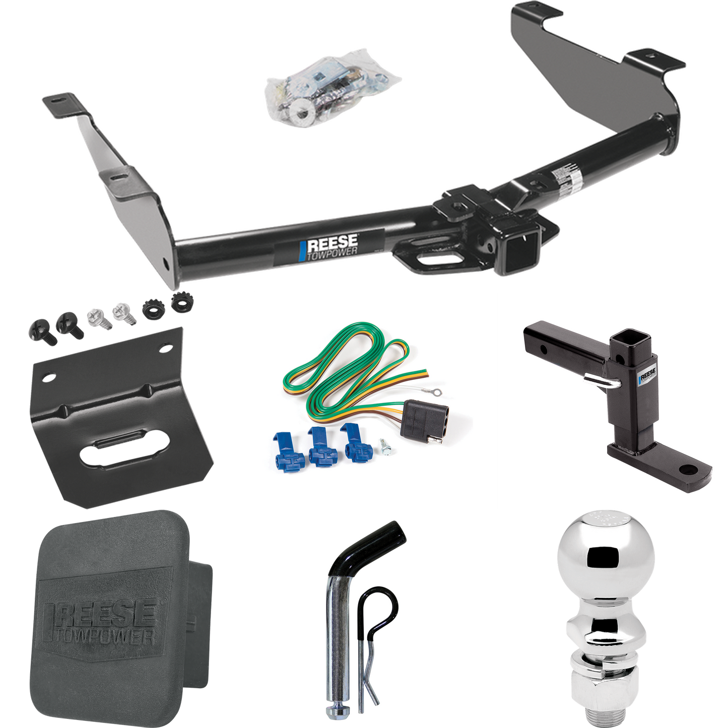 Fits 2003-2007 GMC Sierra 2500 HD Trailer Hitch Tow PKG w/ 4-Flat Wiring + Adjustable Drop Rise Ball Mount + Pin/Clip + 2-5/16" Ball + Wiring Bracket + Hitch Cover (For (Classic) Models) By Reese Towpower