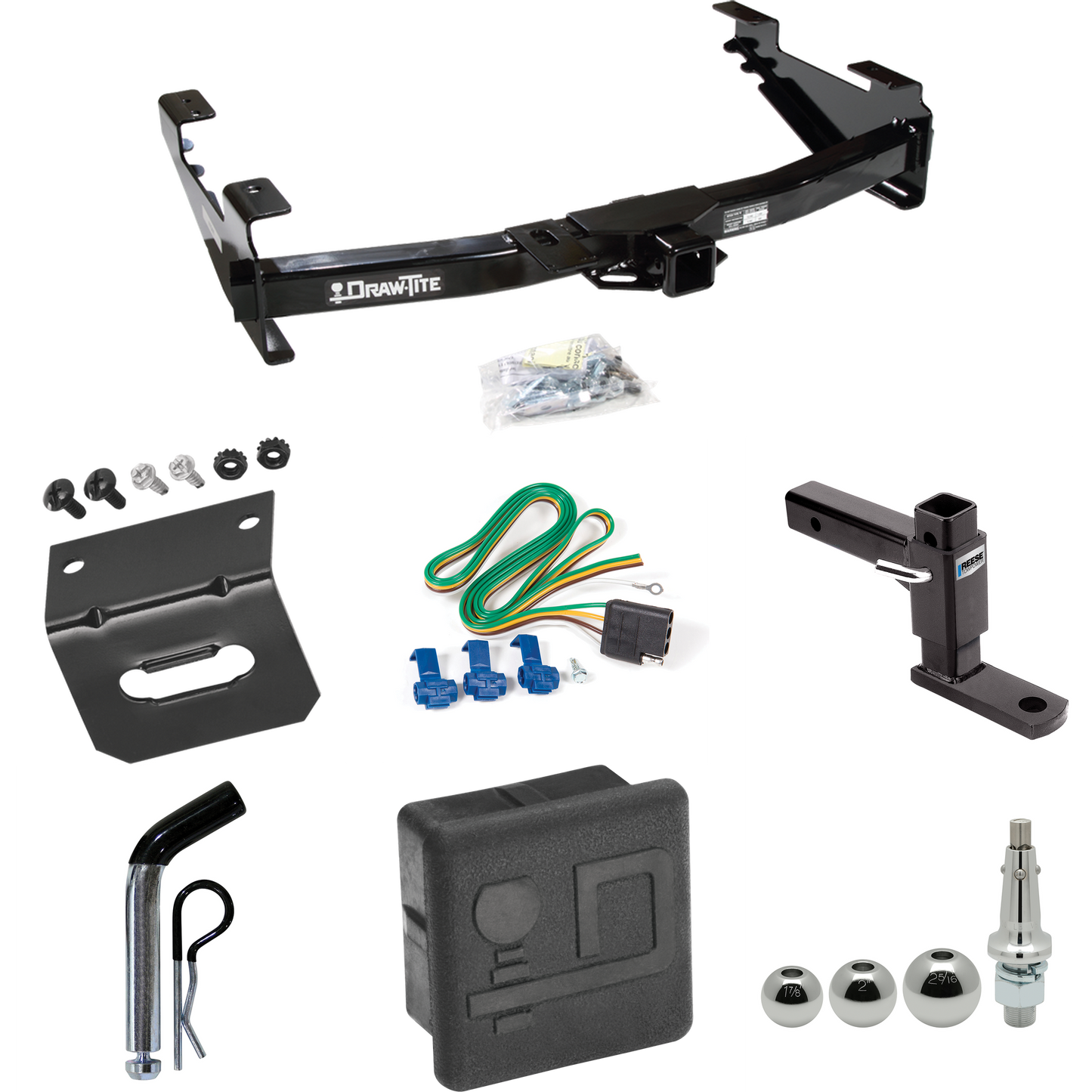 Fits 2001-2002 GMC Sierra 3500 Trailer Hitch Tow PKG w/ 4-Flat Wiring + Adjustable Drop Rise Ball Mount + Pin/Clip + Inerchangeable 1-7/8" & 2" & 2-5/16" Balls + Wiring Bracket + Hitch Cover By Draw-Tite