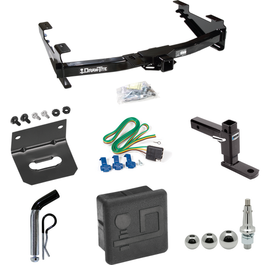 Fits 2001-2002 GMC Sierra 3500 Trailer Hitch Tow PKG w/ 4-Flat Wiring + Adjustable Drop Rise Ball Mount + Pin/Clip + Inerchangeable 1-7/8" & 2" & 2-5/16" Balls + Wiring Bracket + Hitch Cover By Draw-Tite