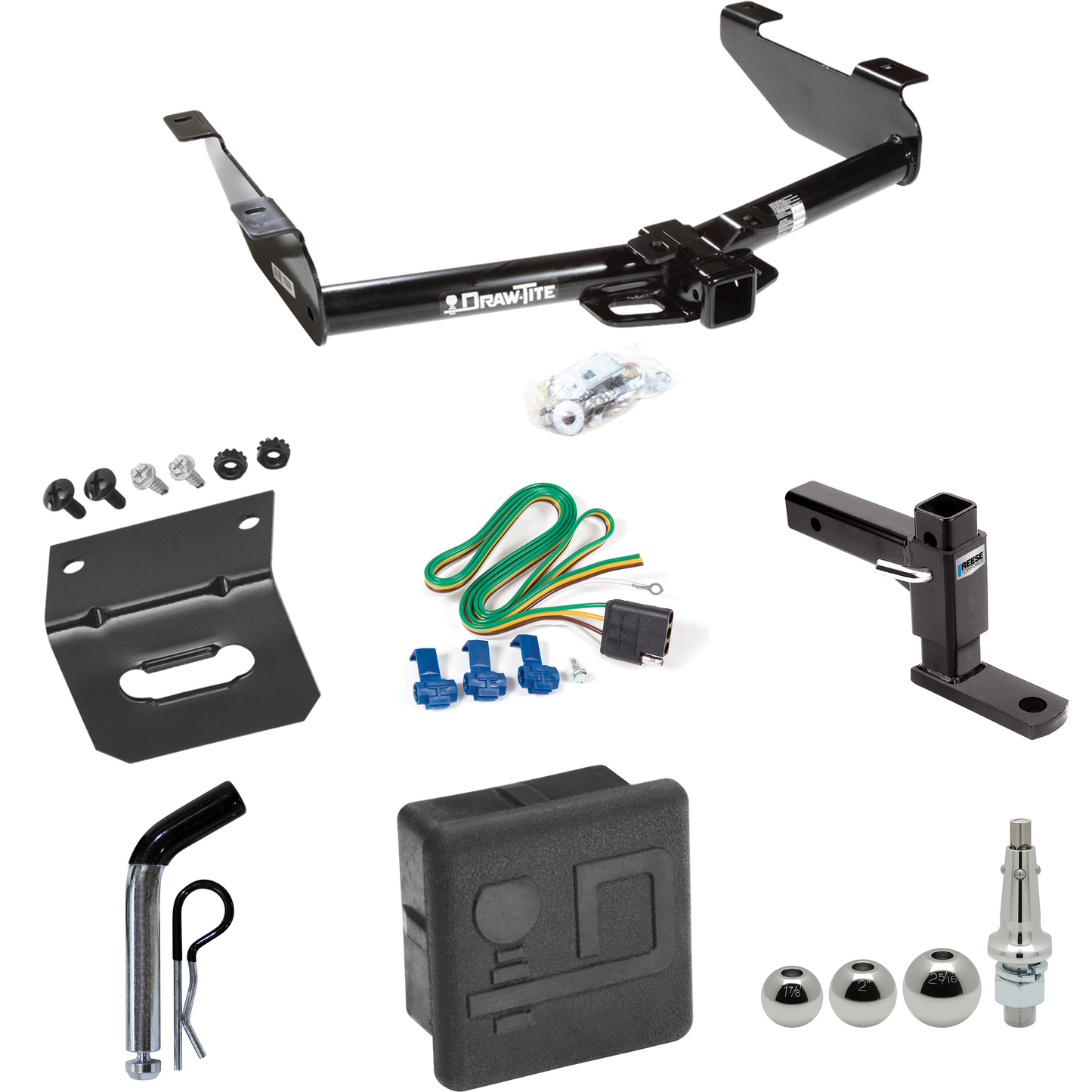 Fits 2001-2002 GMC Sierra 3500 Trailer Hitch Tow PKG w/ 4-Flat Wiring + Adjustable Drop Rise Ball Mount + Pin/Clip + Inerchangeable 1-7/8" & 2" & 2-5/16" Balls + Wiring Bracket + Hitch Cover By Draw-Tite