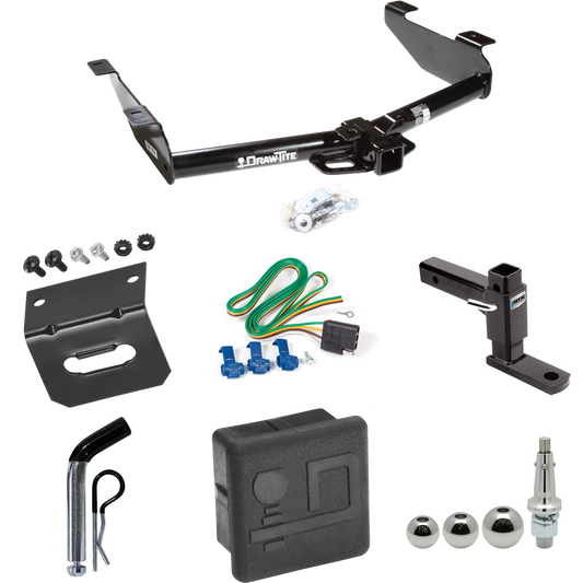 Fits 2001-2002 GMC Sierra 3500 Trailer Hitch Tow PKG w/ 4-Flat Wiring + Adjustable Drop Rise Ball Mount + Pin/Clip + Inerchangeable 1-7/8" & 2" & 2-5/16" Balls + Wiring Bracket + Hitch Cover By Draw-Tite