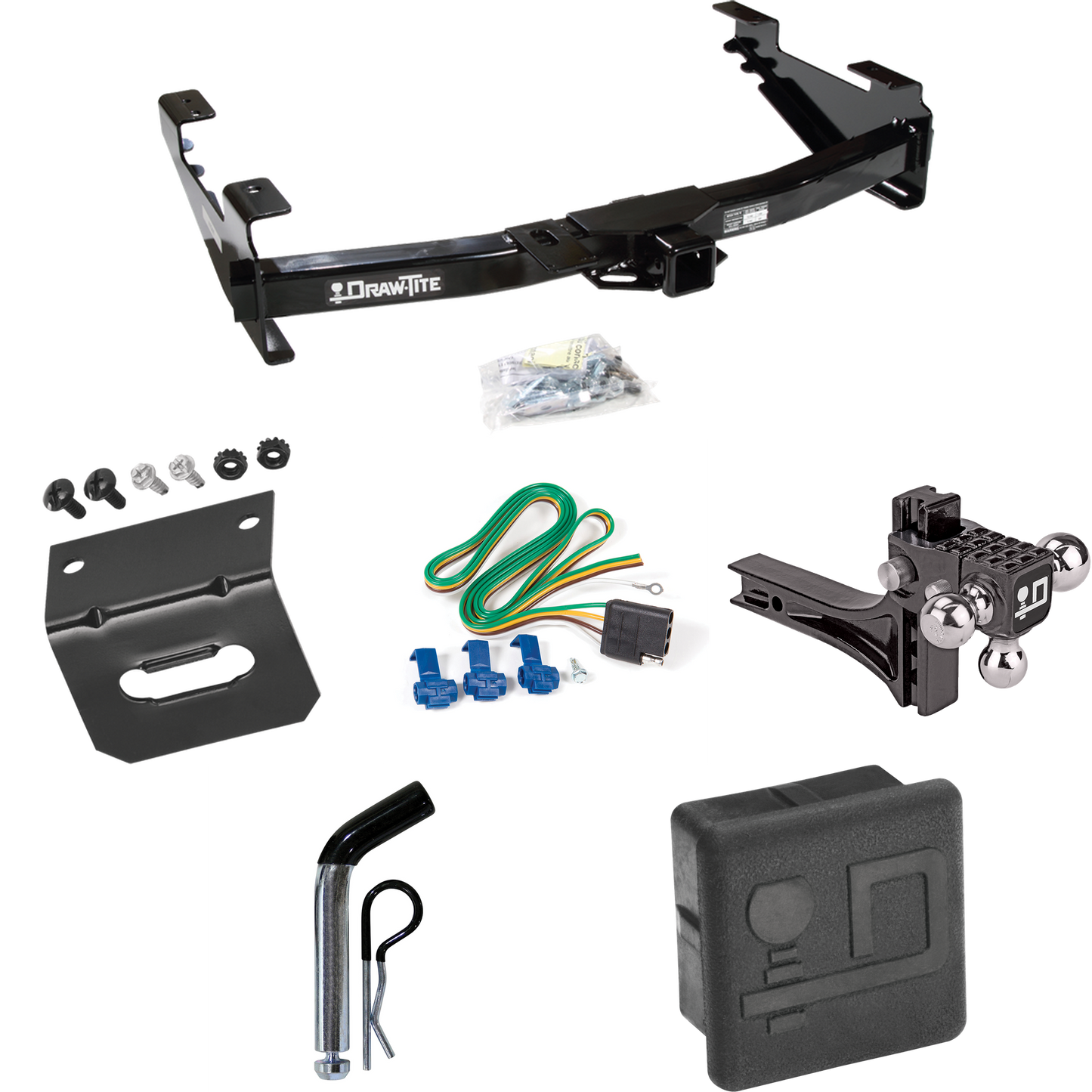 Fits 2001-2002 GMC Sierra 2500 HD Trailer Hitch Tow PKG w/ 4-Flat Wiring + Adjustable Drop Rise Triple Ball Ball Mount 1-7/8" & 2" & 2-5/16" Trailer Balls + Pin/Clip + Wiring Bracket + Hitch Cover By Draw-Tite