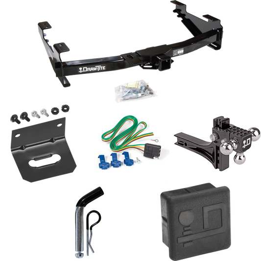 Fits 2001-2002 GMC Sierra 2500 HD Trailer Hitch Tow PKG w/ 4-Flat Wiring + Adjustable Drop Rise Triple Ball Ball Mount 1-7/8" & 2" & 2-5/16" Trailer Balls + Pin/Clip + Wiring Bracket + Hitch Cover By Draw-Tite