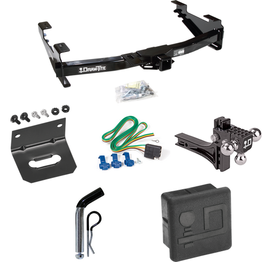 Fits 2001-2002 Chevrolet Silverado 2500 HD Trailer Hitch Tow PKG w/ 4-Flat Wiring + Adjustable Drop Rise Triple Ball Ball Mount 1-7/8" & 2" & 2-5/16" Trailer Balls + Pin/Clip + Wiring Bracket + Hitch Cover By Draw-Tite
