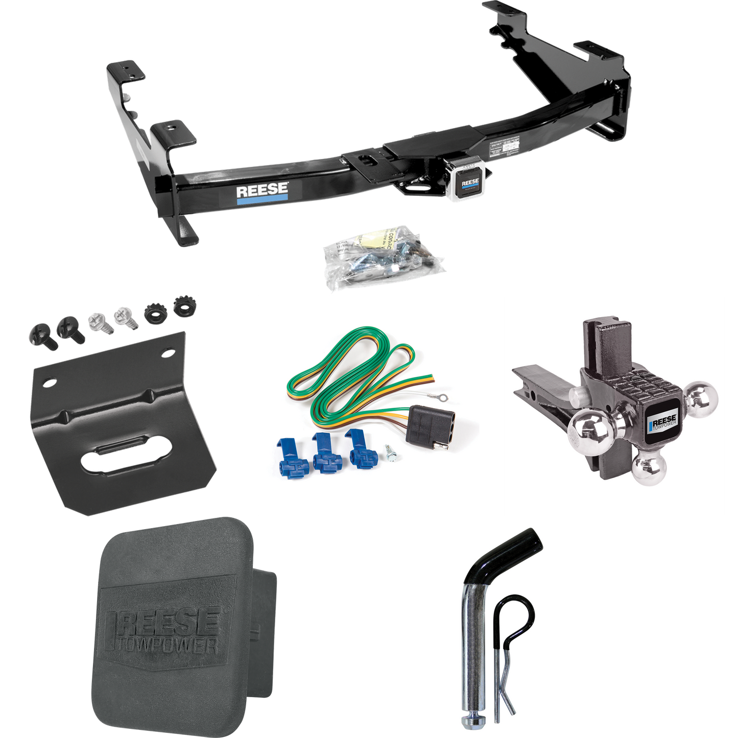 Fits 2003-2007 Chevrolet Silverado 2500 HD Trailer Hitch Tow PKG w/ 4-Flat Wiring + Adjustable Drop Rise Triple Ball Ball Mount 1-7/8" & 2" & 2-5/16" Trailer Balls + Pin/Clip + Wiring Bracket + Hitch Cover (For (Classic) Models) By Reese Towpower